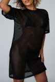 Black Sexy Solid Mesh O Neck Straight Dresses