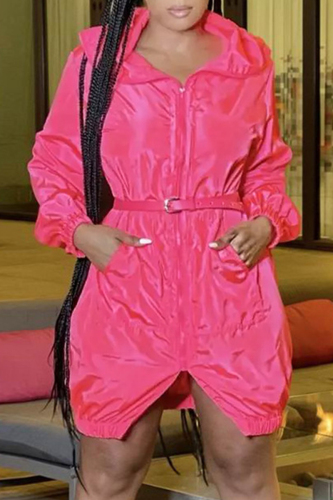 Rose Red Fashion Casual Solid Patchwork Hooded Collar Long Sleeve Dresses (Without Belt)