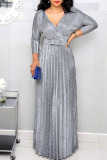 Silver Elegant Solid Patchwork Fold V Neck Straight Dresses(Contain The Belt)