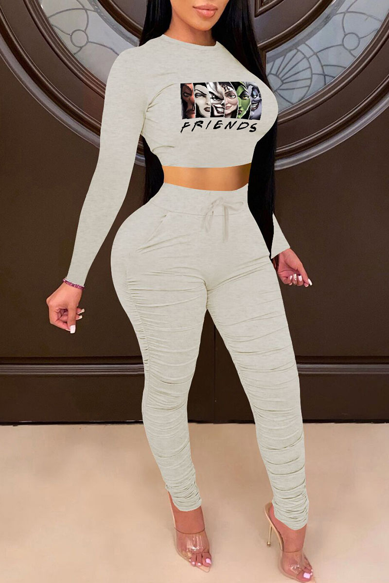 

Light Gray Fashion Sexy Print Split Joint O Neck Long Sleeve Two Pieces