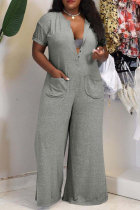 Grey Fashion Casual Solid Basic V Neck Plus Size Jumpsuits