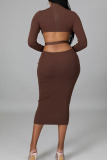 Coffee Fashion Casual Solid Backless O Neck One Step Skirt Dresses