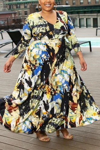 Black Sexy Digital Print V-Neck Large Size Dress