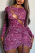 Purple Fashion Sexy Print Hollowed Out O Neck Long Sleeve Dresses