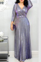 Purple Elegant Solid Split Joint Fold V Neck Straight Dresses(Contain The Belt)