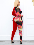 Red Sexy Print Patchwork O Neck Plus Size Jumpsuits