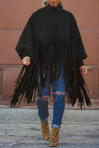 Black Fashion Vintage Solid Tassel Turtleneck Plus Size Overcoat