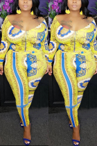 Yellow Large Size Fashion Sexy Print Long Sleeve Two-Piece suit