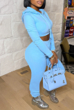 Light Blue Fashion Casual Solid Basic Hooded Collar Long Sleeve Two Pieces