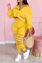 Yellow Casual Solid Ripped V Neck Long Sleeve Two Pieces