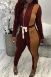 Burgundy Casual Solid Patchwork Zipper Zipper Collar Long Sleeve Two Pieces