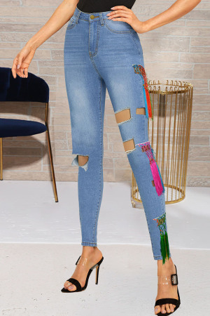 Light Blue Street Solid Tassel Ripped Split Joint High Waist Skinny Denim Jeans