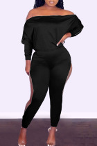 Black Fashion Casual Solid Zipper Off the Shoulder Long Sleeve Two Pieces