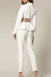 White Casual Solid Patchwork See-through Turn-back Collar Long Sleeve Two Pieces