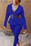 Royal Blue Casual Solid Patchwork See-through Turn-back Collar Long Sleeve Two Pieces