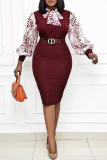 Red Party Print With Bow O Neck Pencil Skirt Plus Size Dresses