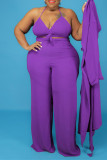 Purple Fashion Casual Solid Bandage V Neck Plus Size Three-piece Set