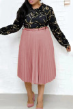 Pink Fashion Casual Print Split Joint O Neck Pleated Plus Size Dresses