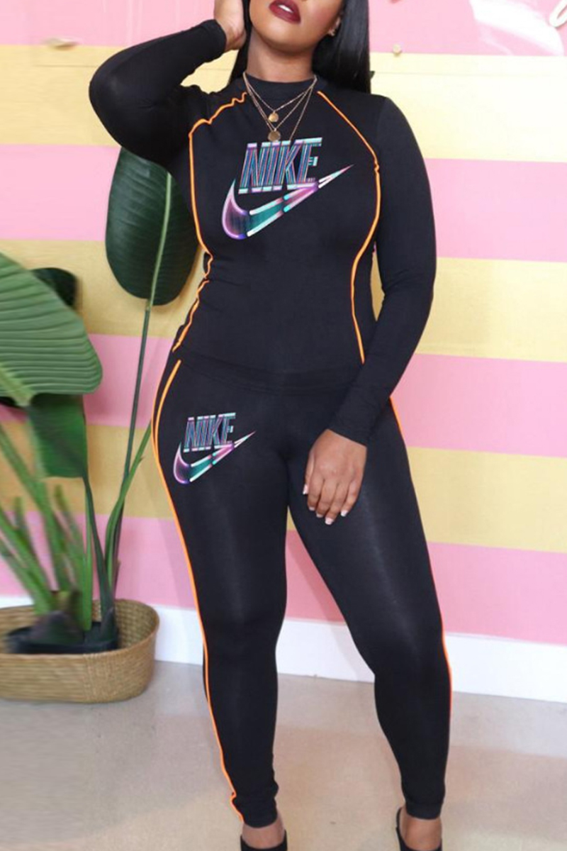 

Black Fashion Casual Print Basic O Neck Long Sleeve Two Pieces