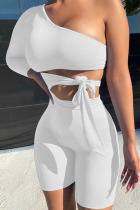 White Fashion Sportswear Solid Frenulum One Shoulder Long Sleeve Two Pieces