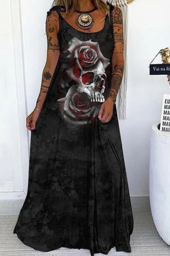 Black Red Casual Party Print Patchwork Spaghetti Strap Straight Dresses