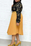 Gold Fashion Casual Print Split Joint O Neck Pleated Plus Size Dresses