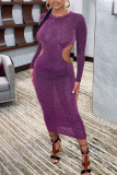 Purple Sexy Solid Hollowed Out Patchwork O Neck One Step Skirt Dresses