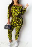 Lemon Yellow Sexy Print Leopard Patchwork Off the Shoulder Skinny Jumpsuits(Contain The Belt)