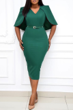 Green Casual Solid Split Joint V Neck Pencil Skirt Plus Size Dresses