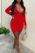 Red Sexy Solid Patchwork Buckle Fold Turndown Collar Pencil Skirt Dresses