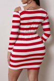 Red Fashion Plus Size Striped Print Hollowed Out Oblique Collar Long Sleeve Dresses (Without Waist Chain)