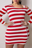 Black Fashion Plus Size Striped Print Hollowed Out Oblique Collar Long Sleeve Dresses (Without Waist Chain)
