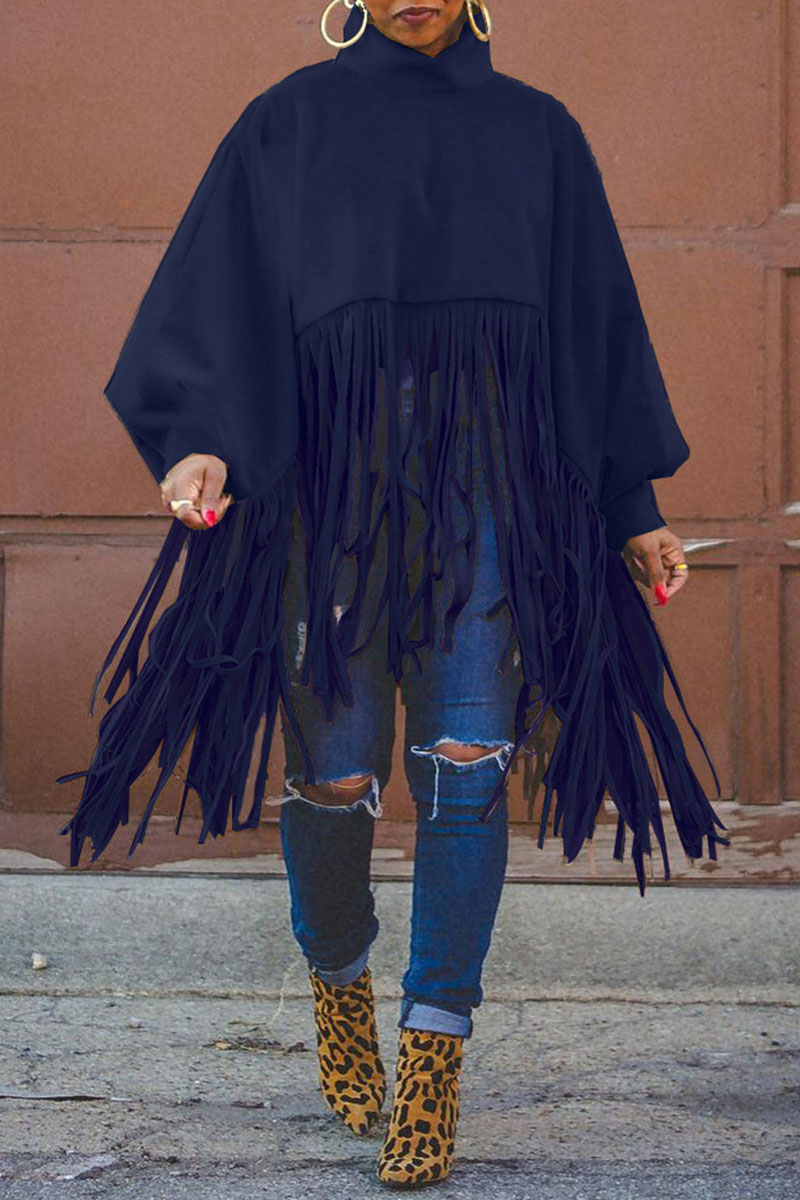 

Dark Blue Fashion Vintage Solid Tassel Turtleneck Plus Size Overcoat