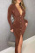 Brown Sexy Solid Patchwork Buckle Fold O Neck One Step Skirt Dresses
