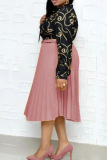 Pink Fashion Casual Print Split Joint O Neck Pleated Plus Size Dresses