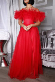 Rose Red Sweet Elegant Solid Split Joint Off the Shoulder Strapless Dress Plus Size Dresses