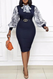 Blue Party Print With Bow O Neck Pencil Skirt Plus Size Dresses