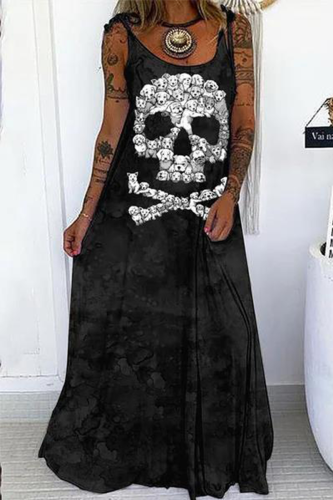 Black Casual Party Print Patchwork Spaghetti Strap Straight Dresses
