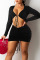 Black Sexy Solid Hollowed Out Patchwork Draw String Fold V Neck Pencil Skirt Dresses