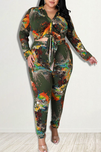Green Fashion Casual Print Patchwork Turndown Collar Plus Size Two Pieces