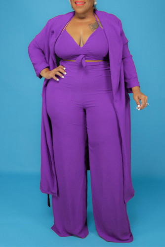 Purple Fashion Casual Solid Bandage V Neck Plus Size Three-piece Set