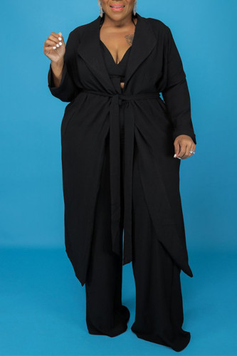 Black Fashion Casual Solid Bandage V Neck Plus Size Three-piece Set