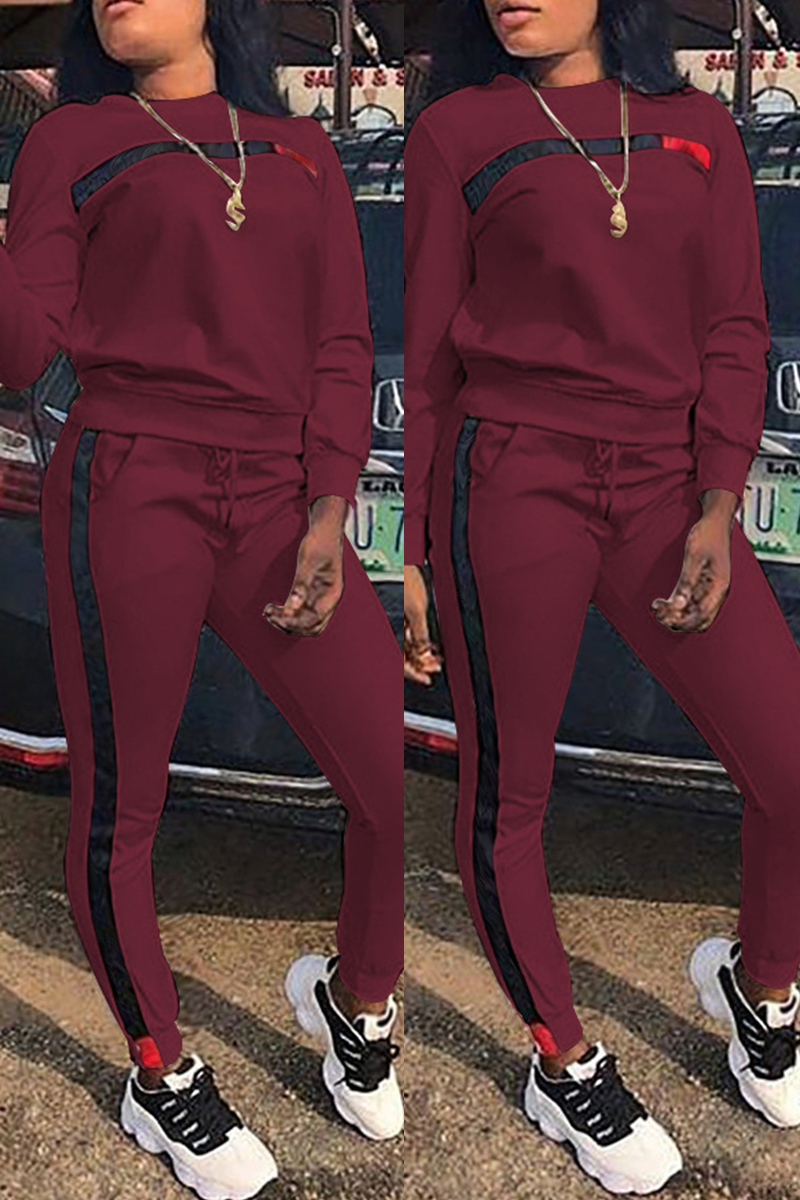 

Burgundy Fashion Casual Print Split Joint O Neck Long Sleeve Two Pieces