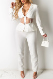 White Casual Solid Patchwork See-through Turn-back Collar Long Sleeve Two Pieces