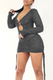 Silver Fashion Sexy Solid Bandage Hollowed Out V Neck Long Sleeve Dresses
