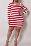 Red Fashion Plus Size Striped Print Hollowed Out Oblique Collar Long Sleeve Dresses (Without Waist Chain)