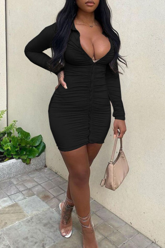 Black Sexy Solid Patchwork Buckle Fold Turndown Collar Pencil Skirt Dresses
