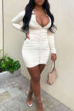 White Sexy Solid Patchwork Buckle Fold Turndown Collar Pencil Skirt Dresses