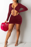 Burgundy Sexy Solid Hollowed Out Patchwork Draw String Fold V Neck Pencil Skirt Dresses