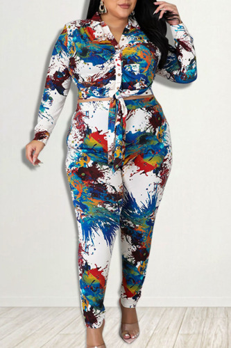 White Fashion Casual Print Patchwork Turndown Collar Plus Size Two Pieces